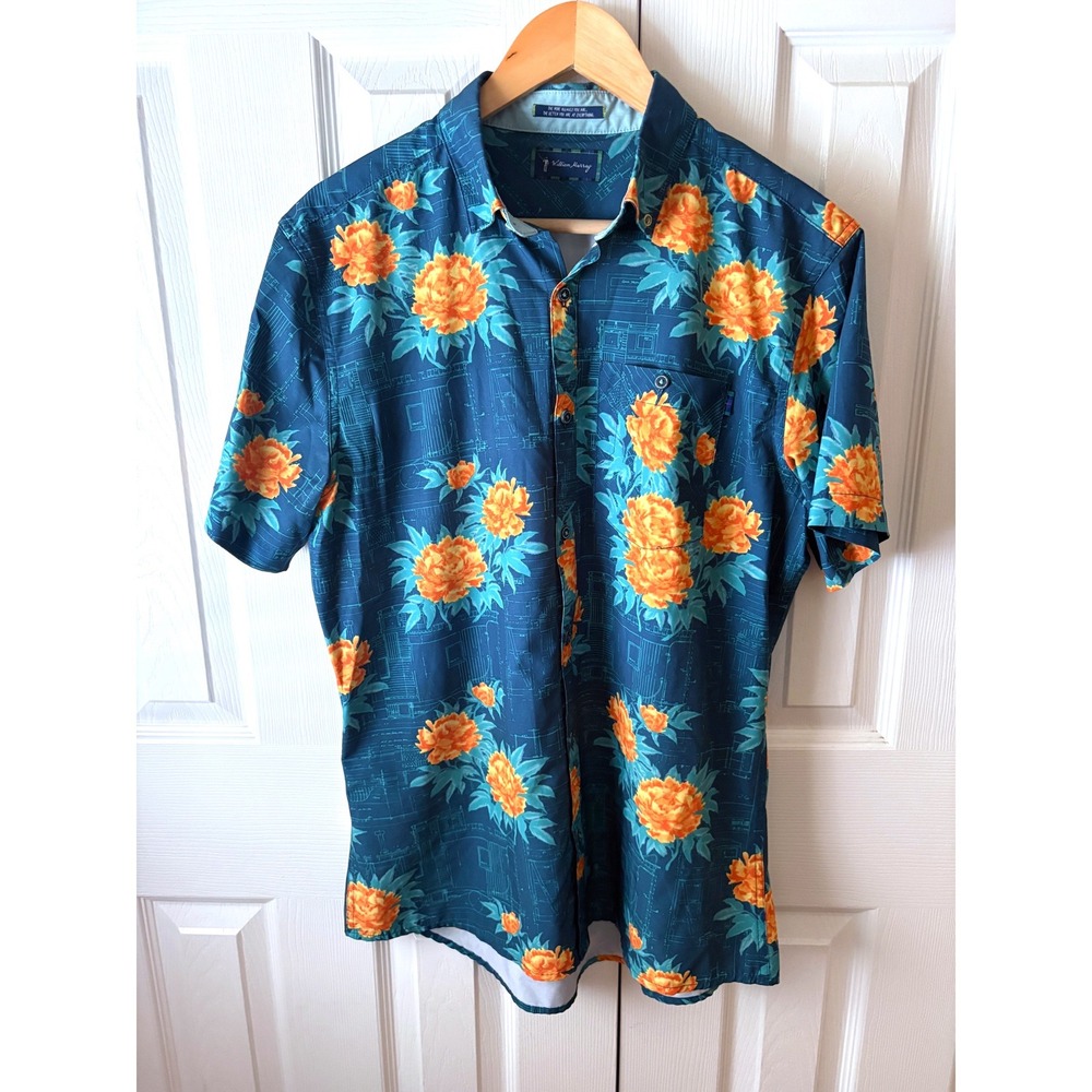 William Murray Teal Yellow Mums Floral Performance Button Up Golf Shirt M
